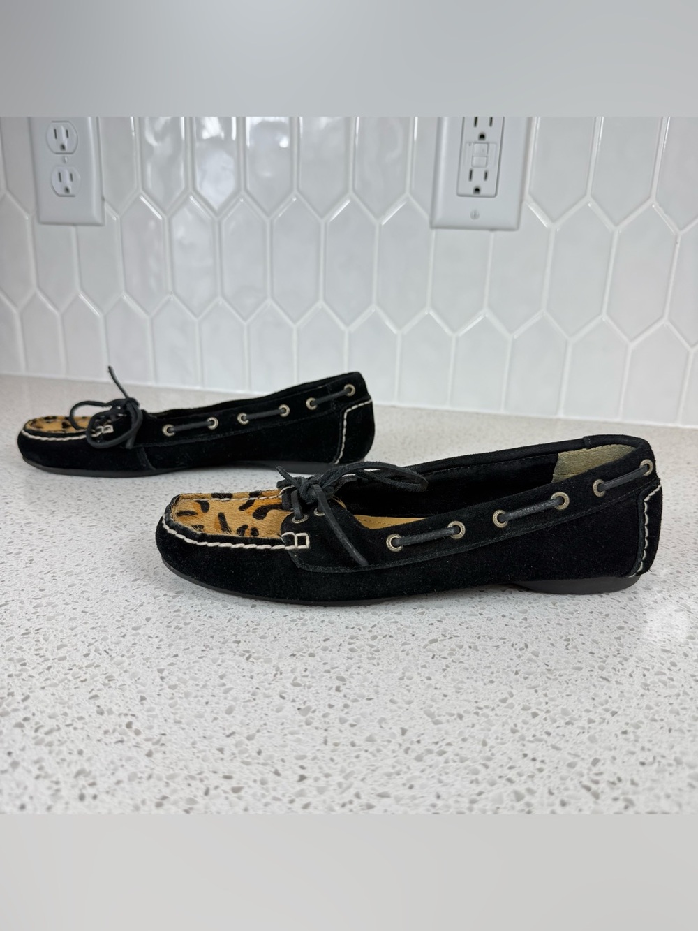 Sperry Top Sider Firefish Leopard Print Pony Hair Black Leather Women’s Size 6